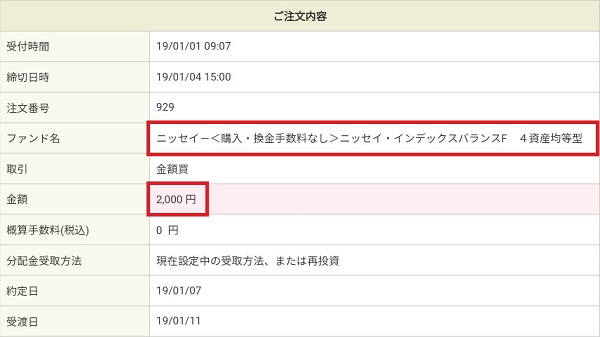 ニッセイ4資産均等型を2,000円買付2019年1月1日
