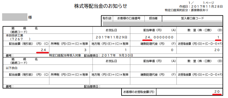 ホンダ単元未満株の配当20171129